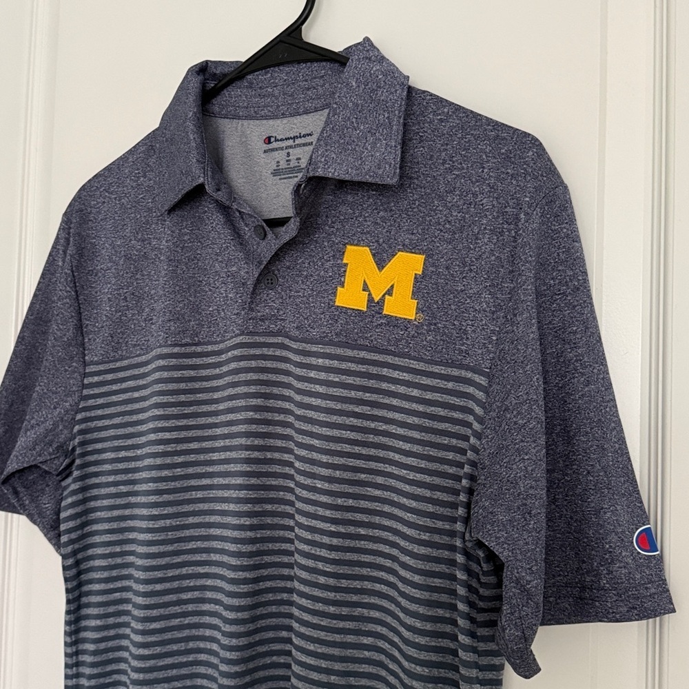 Champion Michigan Wolverines Embroidered Men's Navy Gray Striped Polo Shirt Sz S - Picture 6 of 7